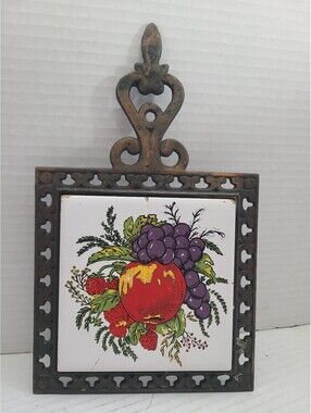 Vintage Mid Century Modern Cast Iron Trivet w/ Fruit Tile Wall Decor